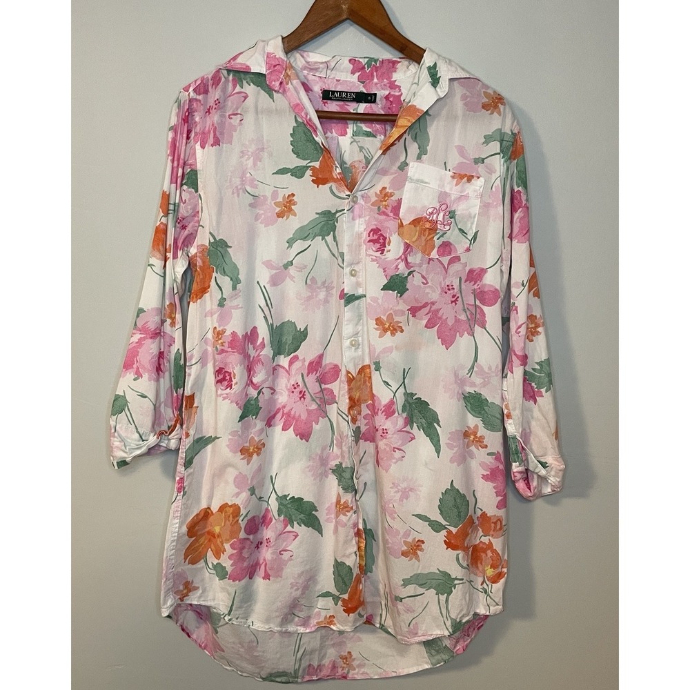 Lauren Ralph Lauren Women Button Shirt Pink Floral Blouse Size S Monogram Light